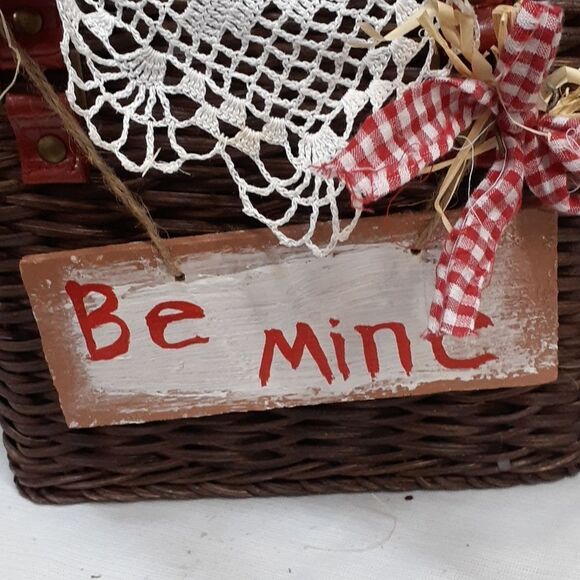 Hand made" Be Mine" basket vintage stick heart, paper mache heart, & red heart. - Picture 4 of 6